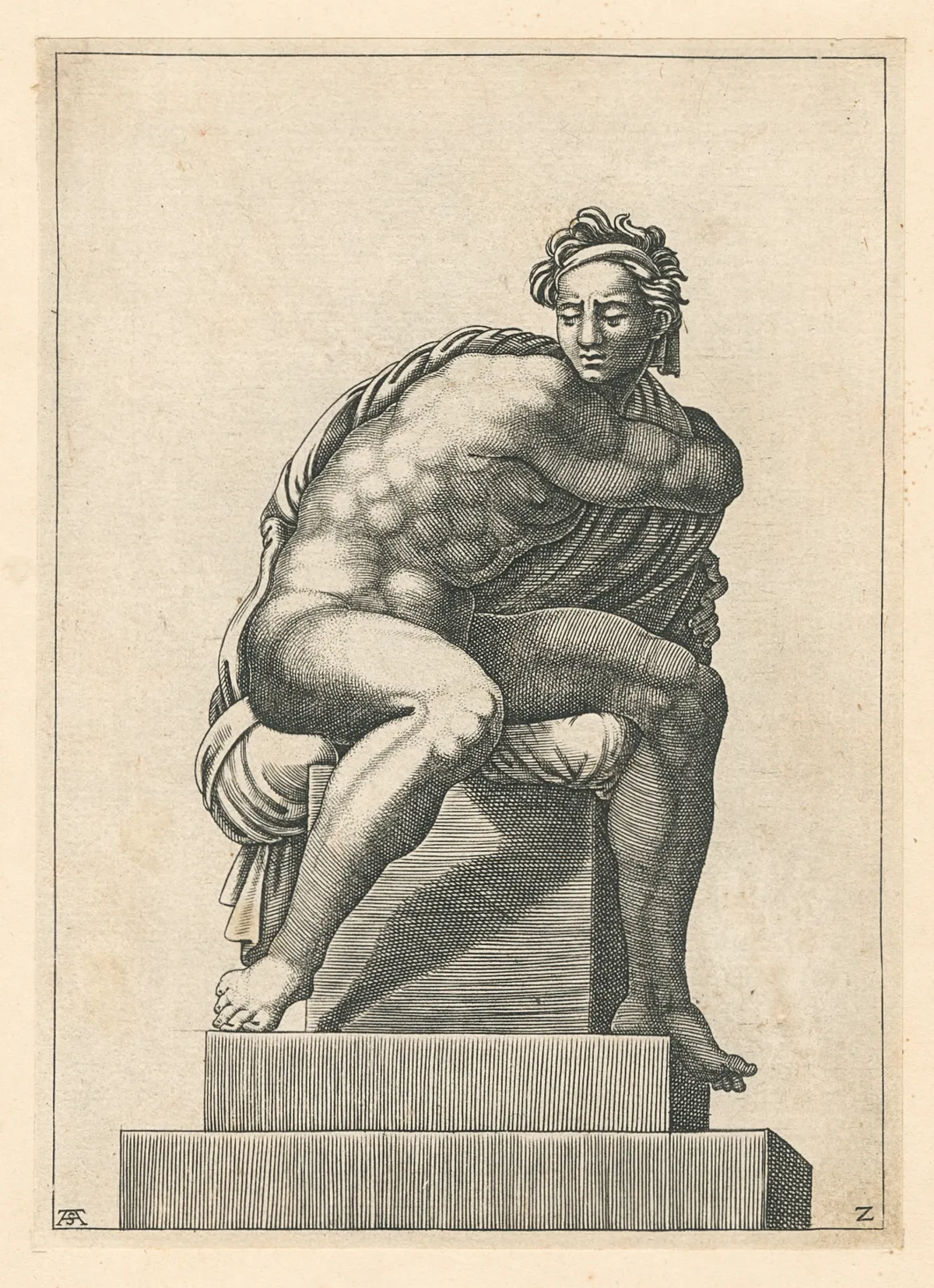 Lot 508: Michelangelo Buonarroti (Italian, 1475-1564)Male Nude Seated on A Pedestal (from Series of Studies from the Ceiling of The Sistine Chapel)