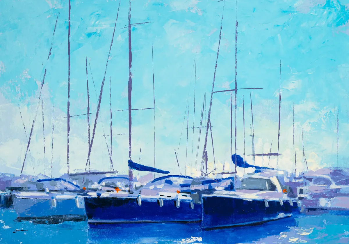 Lot 202: Manuel Lomar (Spanish, b.1963)Sailboats at the Marina